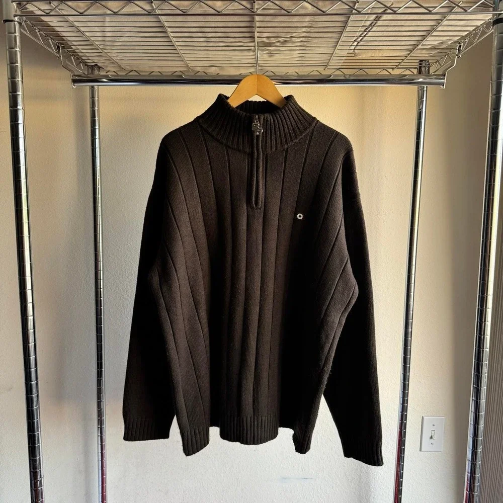 South Pole Mens 3XL Brown Ribbed Knit Quarter Zip Sweater Mock Neck Y2K Street